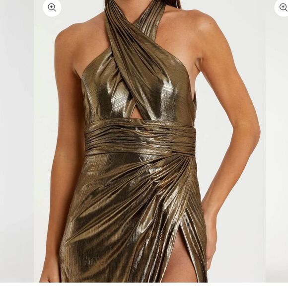 IEENA FOR MAC DUGGAL 26738 Gold Metallic Criss Cross Halter Neck Gown - Picture 3 of 10